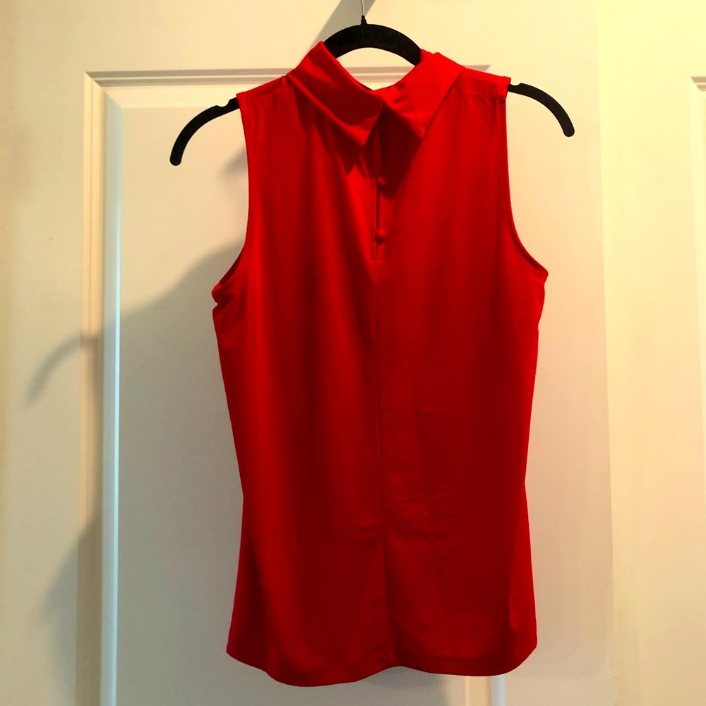 Classy Red Mock Neck Blouse w/ Button-up Back - Picture 3 of 4